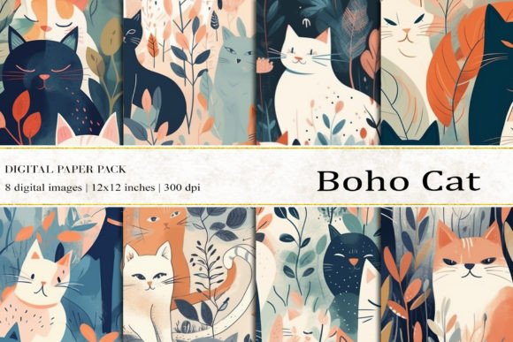 Boho Cat Digital Papers for Creative Design